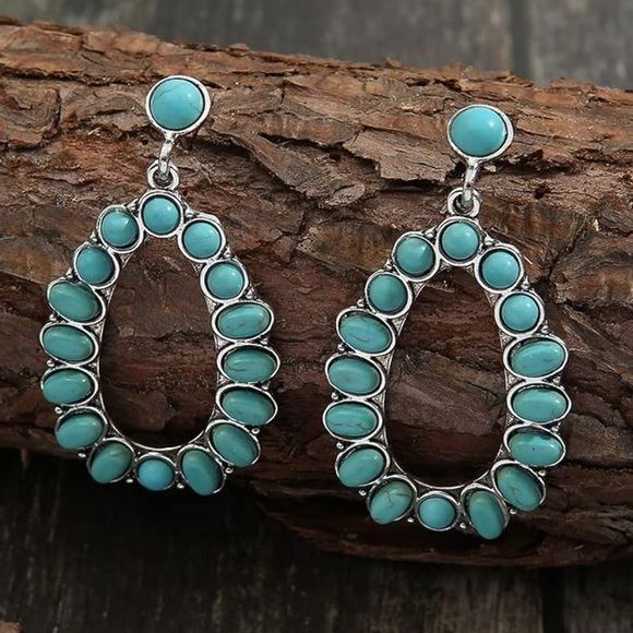 Turquoise Stone Oval Drop Earrings - Picture 2 of 8